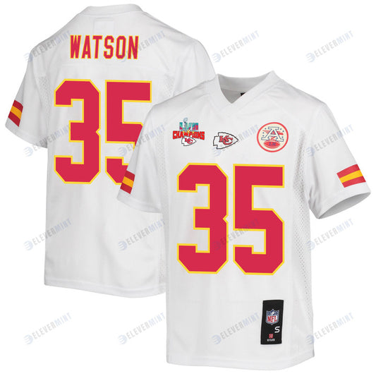 Jaylen Watson 35 Kansas City Chiefs Super Bowl LVII Champions 3 Stars Youth Game Jersey - White